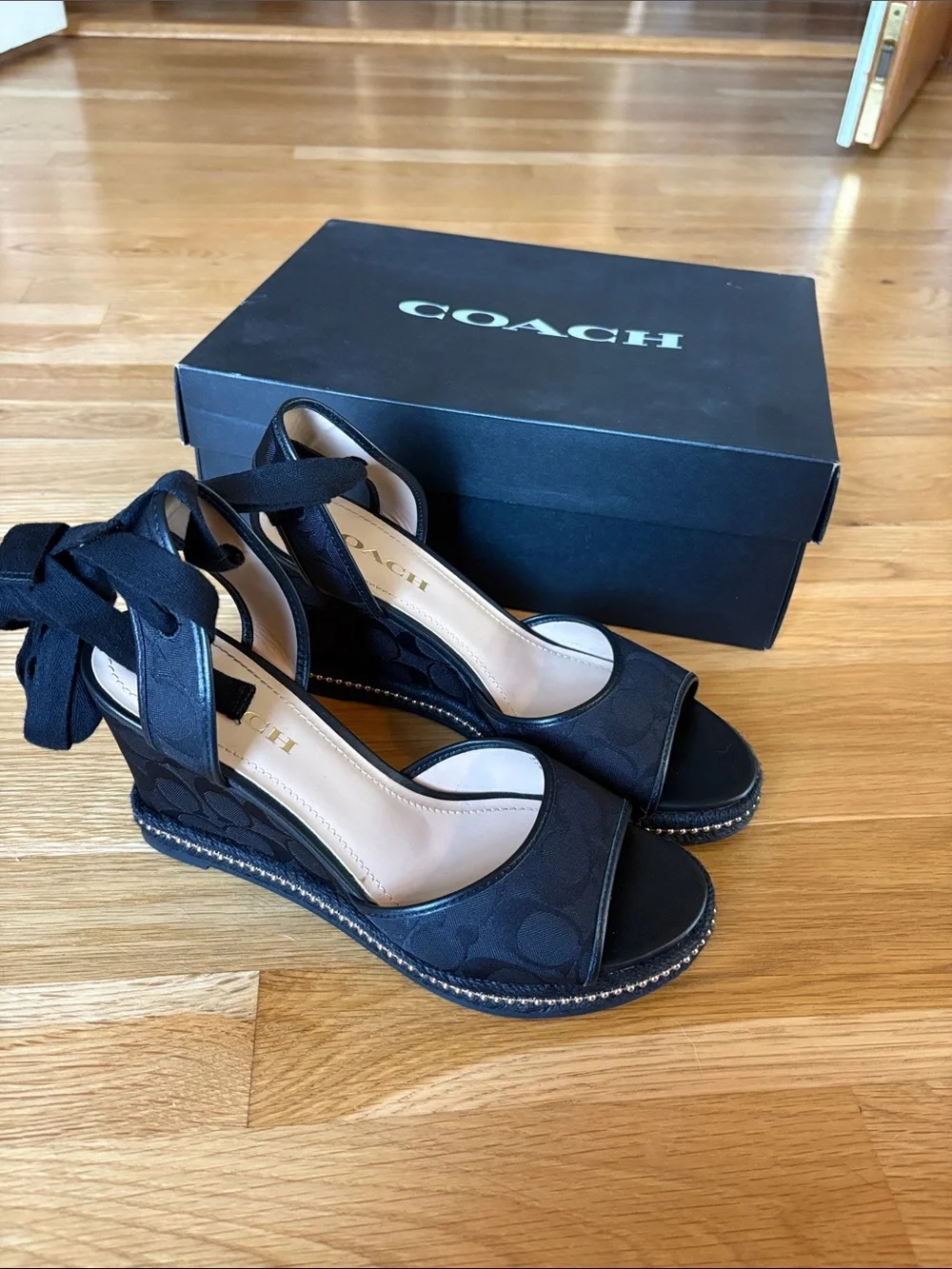 Coach Black Page Signature Canvas Wedge Sandals with Ankle Tie Detail